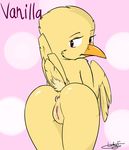 2017 anthro anus avian beak bird butt canary feathered_wings feathers female lf looking_at_viewer nude pink_background pussy simple_background solo solo_focus tail_feathers vanilla_(canary) wings 