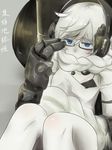  absurdly_long_hair akino_shuu black-framed_eyewear black_bra blue_eyes bra bra_strap braid character_name dress gauntlets glasses grey_background hair_scarf headphones kantai_collection long_hair mechanical_arms shinkaisei-kan single_braid solo supply_depot_hime underwear very_long_hair white_dress white_hair 