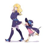  blonde_hair blue_eyes boots brown_hair child diana_cavendish dress following hat kagari_atsuko little_witch_academia long_hair luo. multiple_girls open_mouth sandals simple_background smile staff star wand white_background witch witch_hat younger yuri 