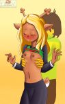  2019 ambiguous_gender anthro blush breasts capreoline cervid clothed clothing deltarune duo eyes_closed female female/ambiguous female_focus filler_shmazman hi_res human human_on_anthro interspecies kris_(deltarune) mammal navel nipples noelle_holiday small_breasts solo_focus video_games 