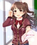  adjusting_hair bangs blazer blue_skirt blush bow bowtie brown_eyes brown_hair brown_jacket h3po4_chiba hair_ribbon highres idolmaster idolmaster_cinderella_girls indoors jacket lens_flare letter long_hair looking_at_viewer love_letter love_letter_(idolmaster) one_side_up open_mouth outstretched_arm pink_check_school plaid plaid_neckwear plaid_skirt pleated_skirt red_bow red_neckwear ribbon shimamura_uzuki skirt smile solo swept_bangs window 