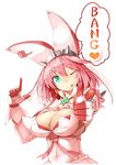  bang blue_eyes breasts cleavage_cutout elphelt_valentine english finger_gun gloves guilty_gear guilty_gear_xrd hat highres large_breasts looking_at_viewer murata_taichi pink_hair simple_background smile white_background 