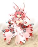  breasts cleavage_cutout dress elphelt_valentine gloves green_eyes guilty_gear guilty_gear_xrd gun hat highres holding holding_gun holding_weapon large_breasts murata_taichi pink_hair weapon 