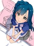  blue_hair blush book braid commentary highres idolmaster idolmaster_million_live! looking_at_viewer looking_up mistrail nanao_yuriko short_hair sketch smile solo yellow_eyes 