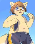  5_fingers blue_eyes blush brown_hair cat clothing cub eyewear feline food glasses hair male mammal navel nipples open_mouth popsicle scalefish_520 shorts simple_background slightly_chubby solo young 