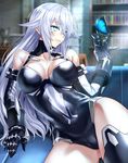  1girl bangs bare_shoulders black_heart breasts butterfly choujigen_game_neptune clavicle cleavage cowboy_shot elbow_gloves female gloves green_eyes indoors leotard long_hair looking_to_the_side neptune_(series) noire nyamota_(noraneko_koubou) sitting smile solo symbol-shaped_pupils thighhighs very_long_hair white_hair 