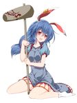  ambiguous_red_liquid animal_ears blood bloody_weapon blue_dress blue_hair breasts bunny_ears dress ear_clip eyebrows_visible_through_hair full_body hair_between_eyes kine long_hair looking_at_viewer mallet medium_breasts open_mouth puffy_short_sleeves puffy_sleeves red_eyes sakurame seiran_(touhou) short_dress short_sleeves simple_background sitting smile socks solo touhou wariza weapon white_background white_legwear 