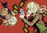  bad_id bad_pixiv_id blue_eyes card child closed_eyes crying diana_cavendish dual_persona henpei_saboten highres jacket light_green_hair little_witch_academia long_hair multicolored_hair multiple_girls on_ground red_background sad simple_background stuffed_animal stuffed_toy teddy_bear 