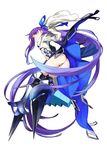  92m absurdly_long_hair ass blue_ribbon fate/extra fate/extra_ccc fate/grand_order fate_(series) full_body hair_ribbon long_hair meltlilith metal_boots prosthesis prosthetic_leg purple_hair ribbon sleeves_past_wrists smile solo spikes very_long_hair white_background 