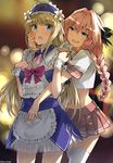  1other androgynous apron artist_name astolfo_(fate) bangs blonde_hair blue_dress blue_eyes blurry blush bokeh bow braid chevalier_d'eon_(fate/grand_order) depth_of_field dress eyebrows_visible_through_hair fang fate/apocrypha fate/grand_order fate_(series) flower frilled_apron frilled_cuffs frilled_dress frills hair_flower hair_ornament hair_ribbon hand_on_another's_cheek hand_on_another's_face lighting long_hair maid maid_headdress midriff navel open_mouth otoko_no_ko pantyhose pink_hair pink_skirt pleated_skirt purple_eyes ribbon sailor_collar sailor_shirt shirt short_sleeves single_braid skirt smile somechime_(sometime1209) thighhighs thighs twitter_username white_legwear wrist_cuffs 