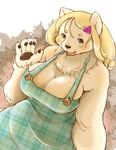  abstract_background anthro bear big_breasts blonde_hair blue_eyes blush breasts cleavage clothed clothing dress female fur hair hairclip looking_at_viewer mammal pawpads setouchi_kurage slightly_chubby smile solo tan_fur 