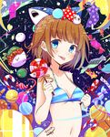  bad_id bad_pixiv_id blue_eyes blush breasts brown_hair candy candy_cane cleavage food holding_lollipop looking_at_viewer navel original sakeharasu short_hair signature small_breasts smile solo tongue upper_body 