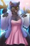  2017 anthro breasts cleavage clothed clothing coat collar dress ear_piercing fur green_eyes hair looking_at_viewer mammal nightclub piercing rodent smile solo_focus squirrel stesha_di teeth 