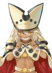  abs bared_teeth cleavage_cutout fingersmile grin guilty_gear guilty_gear_xrd hat highres looking_at_viewer murata_taichi ramlethal_valentine sharp_teeth simple_background smile tan teeth white_background white_hair 