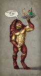  2015 4_balls 4_toes ? abs absurd_res alcohol alien balls beverage bow_tie dialogue digital_media_(artwork) digitigrade english_text erection food front_view glans glass hi_res humanoid_penis krogan male mass_effect mickey_the_retriever multi_balls muscular muscular_male nipples pecs penis precum precum_string red_scales scales simple_background solo speech_bubble standing straw text toes tray video_games 