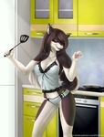  anthro canine clothed clothing ear_piercing elvofirida female headphones kitchen mammal open_mouth piercing smile solo standing 