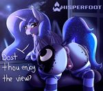  2017 anatomically_correct anatomically_correct_pussy animal_genitalia animal_pussy anus blush butt clitoris clothing cutie_mark dialogue dock english_text equine equine_pussy feathered_wings feathers female feral friendship_is_magic hair horn legwear mammal my_little_pony open_mouth princess_luna_(mlp) pussy pussy_juice solo striped_legwear stripes text whisperfoot winged_unicorn wings 