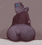  anthro bear blue_hair blue_nose butt clothing glitter_trap_boy grey-fur hair looking_back male mammal shirt sitting solo t-shirt 