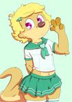  blonde_hair blush brown_nose clothed clothing crossdressing hair legwear male mammal mustelid navel otter otto0ttsy otto_the_ott purple_eyes skirt solo standing stockings young 