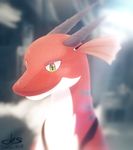  2017 angels_with_scaly_wings anna_(awsw) corelocus digital_media_(artwork) dragon female feral green_eyes horn looking_at_viewer markings pen portrait red_scales scales scalie signature slit_pupils smile solo video_games 