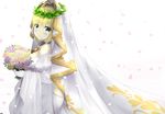  7_calpis_7 ahoge blonde_hair blush bouquet breasts bridal_veil dress eyebrows_visible_through_hair fate/extra fate/extra_ccc fate_(series) flower gloves green_eyes holding holding_bouquet large_breasts looking_at_viewer nero_claudius_(bride)_(fate) nero_claudius_(fate)_(all) smile solo veil wedding_dress white_gloves white_sleeves 