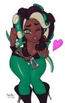  &lt;3 &lt;3_eyes 2017 beauty_mark breasts cephalopod cleavage clothed clothing dark_skin female fingerless_gloves gloves green_eyes hair hand_on_hip headphones hi_res humanoid marina marina_(splatoon) marine navel navel_piercing nintendo not_furry octoling octopus one_eye_closed piercing simple_background splatoon splatoon_2 standing tangobat tentacles video_games white_background zipper 