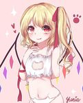 arm_behind_back artist_name bangs bare_shoulders blonde_hair bra cat_cutout cat_ear_panties cat_lingerie cleavage_cutout closed_mouth collarbone commentary_request eyebrows_visible_through_hair fang flandre_scarlet flat_chest groin hair_ribbon hand_to_own_mouth hand_up meme_attire navel orange_eyes panties paw_print red_ribbon ribbon side_ponytail solo sparkle stomach touhou underwear underwear_only white_bra white_panties wings yuria_(kittyluv) 