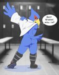  2015 anthro avian backsack balls beak bench bird blue_balls blue_eyes blue_feathers blush boots bottomless butt clothed clothing depth_of_field detailed_background dialogue digital_media_(artwork) dressing english_text eye_markings eyebrows falco_lombardi feathers footwear hi_res inside jacket locker locker_room looking_at_viewer looking_back male markings nintendo nude open_mouth permavermin raised_heel rear_view shadow solo speech_bubble standing star_fox tail_feathers talking_to_viewer text tongue video_games voyeur 