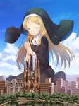  artist_request blonde_hair character_request closed_eyes cloud cloudy_sky copyright_request cross day giantess habit long_hair nun outdoors sagrada_familia sky solo source_request spain town 