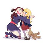  blonde_hair blue_eyes boots brown_hair cheek-to-cheek child diana_cavendish dress following hat hug kagari_atsuko little_witch_academia long_hair luo. mary_janes multiple_girls open_mouth shoes simple_background staff star stuffed_animal stuffed_toy teddy_bear white_background witch witch_hat yuri 