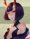  bare_shoulders breasts fate/grand_order fate_(series) horns japanese_clothes kimono koyorin looking_at_viewer off_shoulder one_eye_closed oni oni_horns purple_eyes purple_hair short_hair shuten_douji_(fate/grand_order) small_breasts smile solo upper_body 