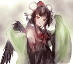  black_hair black_skirt black_wings commentary_request feathered_wings hat kourindou_tengu_costume looking_at_viewer parted_lips pom_pom_(clothes) red_eyes shameimaru_aya short_hair_with_long_locks skirt smile solo tokin_hat touhou twitter_username viridiflora wings 
