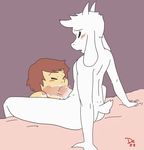  2016 ambiguous_gender anthro asriel_dreemurr bed boss_monster caprine cum cum_in_mouth cum_inside deep_throat dezz duo erection fellatio goat hi_res horn human human_on_anthro internal interspecies long_ears male male/male mammal on_bed oral penis protagonist_(undertale) sex simple_background undertale video_games 