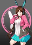  2017 absurdres animal_ears animal_print aqua_skirt artist_name bangs bottle breasts brown_eyes brown_hair bunny_headphones bunny_print casual collarbone commentary_request cowboy_shot d.va_(overwatch) dated drinking drinking_straw eyebrows_visible_through_hair facial_mark fake_animal_ears gradient gradient_background green_ribbon hand_in_pocket hand_up headphones highres holding holding_bottle jacket legs_apart long_hair long_sleeves medium_breasts miniskirt open_clothes open_jacket overwatch ribbon ribbon-trimmed_shirt ribbon_trim shirt skirt solo standing undershirt whisker_markings white_shirt yya 