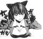  1girl absurdres animal_ears arms_up bangs blazer blush breasts cat_ears claw_pose cleavage collared_shirt commentary_request fang fangs gagaimo greyscale highres jacket large_breasts long_sleeves monochrome nose_blush original school_uniform shirt solo tongue tongue_out uniform wing_collar 