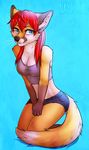  2014 anthro blue_eyes breasts canine cleavage clothed clothing female fox fur hair hybrid kneeling looking_at_viewer mammal midriff nayel-ie red_hair shorts skimpy solo tan_fur white_fur wolf 