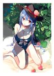  bangs bare_legs bare_shoulders barefoot black_hat blue_hair breasts cleavage collarbone day food fruit hat hat_ribbon hinanawi_tenshi large_breasts long_hair looking_at_viewer mole mole_on_breast peach red_eyes red_ribbon ribbon school_swimsuit sitting solo swimsuit tetsurou_(fe+) touhou very_long_hair wariza 