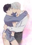  black_hair blue_eyes blush boxer_briefs closed_eyes hand_on_another's_hip highres hug imminent_kiss jewelry katsuki_yuuri male_focus male_underwear momohara_kana multiple_boys no_pants open_clothes open_shirt ring shirt silver_hair underwear viktor_nikiforov yaoi yuri!!!_on_ice 