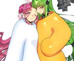  animal_ears bangs bunny_ears c.c. code_geass creayus euphemia_li_britannia eyebrows_visible_through_hair green_hair hair_ribbon looking_at_viewer mascot_costume multiple_girls one_eye_closed parted_lips pink_eyes pink_hair ribbon upper_body white_background yellow_eyes 