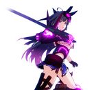  3d benghuai_xueyuan black_eyes black_gloves black_hair boots breasts contrapposto crop_top crop_top_overhang from_side gauntlets gloves glowing knee_boots leg_up long_hair looking_at_viewer mask mask_on_head medium_breasts official_art parted_lips raiden_mei ribbon_trim single_gauntlet single_glove skirt solo standing sword thigh_strap thunder_ghost torn_clothes torn_skirt transparent_background underboob underbust weapon 