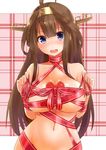  :d agarwood ahoge blush breasts brown_hair collarbone commentary_request double_bun groin hair_between_eyes hairband headgear kantai_collection kongou_(kantai_collection) large_breasts long_hair looking_at_viewer naked_ribbon navel open_mouth purple_eyes red_ribbon ribbon sidelocks smile solo stomach upper_body 