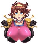  1girl artist_request blue_eyes blush breasts brown_hair character_request earrings g_gundam hairband huge_breasts looking_at_viewer tagme 
