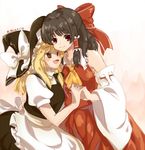 :d apron ascot bangs bare_shoulders black_hair blonde_hair blush bow breasts brown_eyes cheek-to-cheek commentary detached_sleeves hair_bow hair_ribbon hair_tubes hakurei_reimu hand_on_another's_back hat hat_bow hat_ribbon height_difference holding_hands hug interlocked_fingers kirisame_marisa large_bow long_hair long_skirt looking_at_viewer medium_breasts multiple_girls open_mouth puffy_short_sleeves puffy_sleeves red_eyes ribbon short_sleeves skirt skirt_set smile tachiuo_(arines) touhou tress_ribbon twitter_username vest waist_apron white_bow witch_hat yuri 