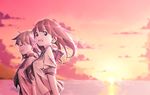  bangs black_neckwear brown_hair closed_eyes eyebrows_visible_through_hair floating_hair from_side highres horizon long_hair multiple_girls neckerchief ocean open_mouth original outdoors school_uniform serafuku shimano short_sleeves sketch smile sunset upper_body wind 