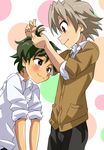  2boys :3 blush green_hair grey_hair kiriya_gymno male_focus multiple_boys nekoyama_saburo okumura_shintarou school_boys! shota simple_background smile 