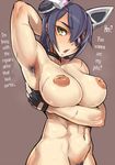  10s 1girl areolae arm_up armpit_hair armpits breasts eyepatch female fingerless_gloves gloves headgear inverted_nipples kantai_collection large_breasts looking_at_viewer mikoyan muscle navel nipples nude open_mouth pubic_hair puffy_nipples purple_hair scar short_hair solo sweat tenryuu_(kantai_collection) translated yellow_eyes 