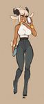  2017 anthro belt big_breasts breasts caprine clothed clothing digital_media_(artwork) female front_view goat hair hi_res horn humanoid_face mammal nox_(artist) pants phone simple_background sketch smile solo standing sweat white_hair 