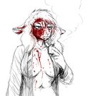  2017 anthro blood boss_lamb_(hladilnik) breasts caprine cigarette cleavage clothed clothing female half-closed_eyes half-length_portrait hladilnik lighter mammal mature_female midriff open_shirt portrait restricted_palette sheep shirt simple_background sketch smoking solo white_background 