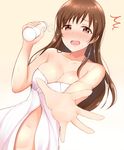  1girl bangs bare_shoulders belly_peek blush bottle breasts brown_eyes brown_hair cleavage collarbone commentary_request embarrassed gradient gradient_background h3po4_chiba holding holding_bottle idolmaster idolmaster_cinderella_girls long_hair looking_at_viewer medium_breasts milk milk_bottle naked_towel navel nitta_minami open_mouth outstretched_arm simple_background solo spilling towel towel_slip wet white_towel 