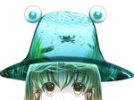  air_bubble bangs blonde_hair bubble caustics commentary_request eyebrows_visible_through_hair face frog grass hair_ribbon hat looking_at_viewer luke_(kyeftss) moriya_suwako red_ribbon ribbon rock simple_background solo surreal touhou water white_background yellow_eyes 